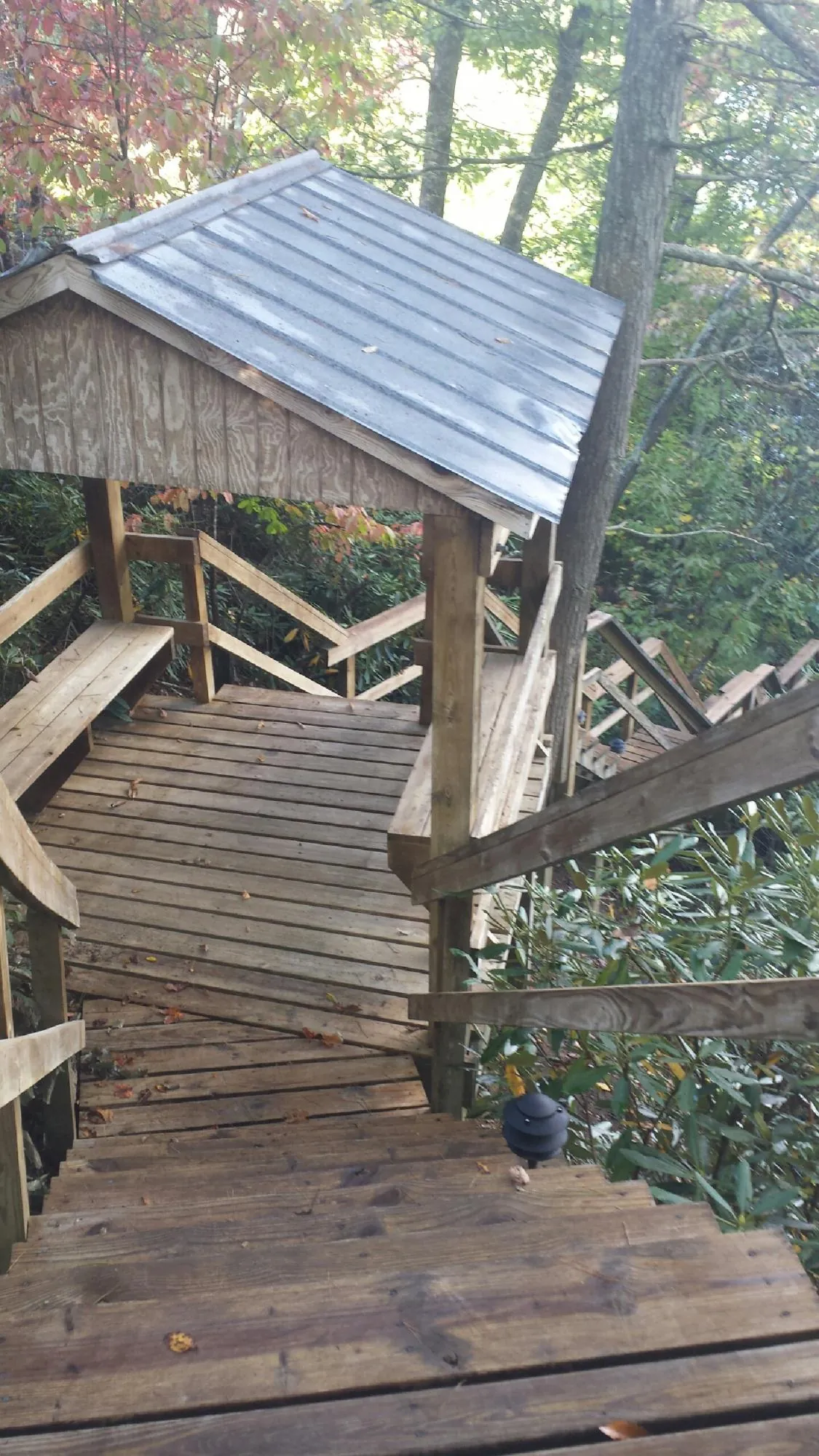Metal roofed shelter over wooden steps on a wooded walkway — Skylight Repair & Installation work by our crew in Prides Crossing